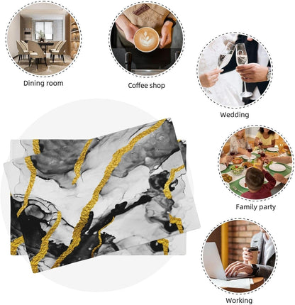 Black White and Gold Marble Linen Placemats Set of 4, Modern Luxury Washable Non-Slip Heat-Resistant Durable Kitchen Table Mats for Dining Table, Luxury Home Kitchen Decor Essential, Black Grey Gold7