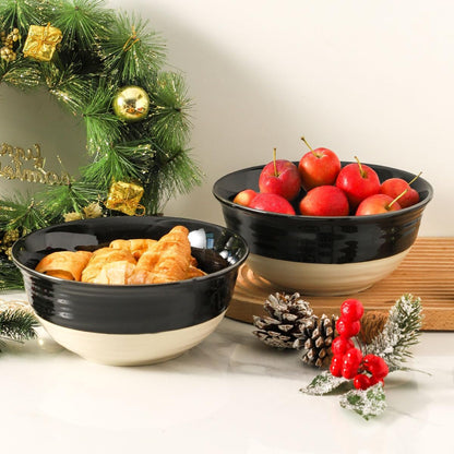Large Porcelain Serving Bowls Set of 2, 60 Oz 8.5 Inch Black & Beige Stoneware Mixing Bowls, Farmhouse Bowls for Salad, Soup & Pasta, Dishwasher & Microwave Safe6