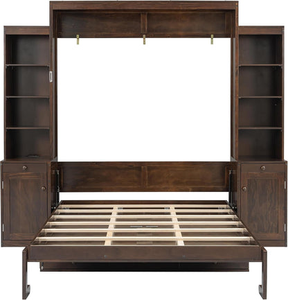 Queen Size Murphy Bed with 2 LED Lights,Desk & Storage, Space-Saving Wood Wall Bed with Cabinets & Drawers, Dark Brown7