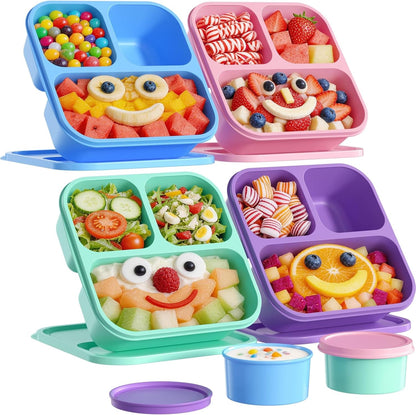 4 Pcs Bento Box Set, Reusable 3 Compartments Snack Boxes with 2 Leakproof Small Containers, Stackable Meal Prep Lunch Containers for School, Work, and Travel1