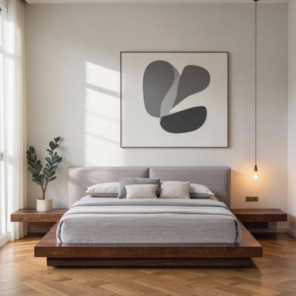 Eastern Queen Bed Frame, Solid Acacia Wood with American Walnut Finish, Low Profile King Platform Bed with Floating Nightstands and Headboard2