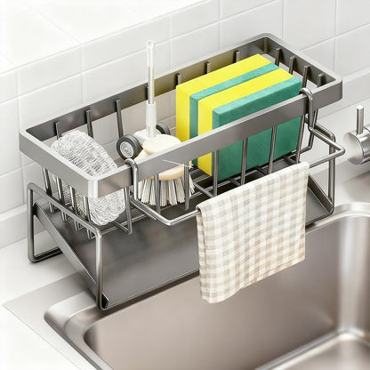 Kitchen Sink Caddy Organzier, Sponge Holder with Auto Drain Tray, Detachable Towel Rack, Rustproof Stainless Kitchen Countertop Soap Dispenser Organizer -Gray1