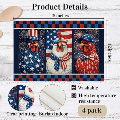 250Th Anniversary USA Placemats, Red White and Blue Chicken Placemats Set of 4, 4Th of July Kitchen Table Mats Decoration, Memorial Day Independence Day Supplies Gifts 12X18 Inch-D082