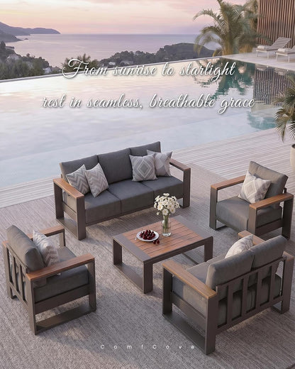 Oversized Aluminum Patio Furniture Set, 4 Pieces Luxury Outdoor Furniture Set with 7.1" Extra Thick Cushion, Modern Outdoor Sectional with Coffee Table for Porch, Garden and Deck, Graphite7