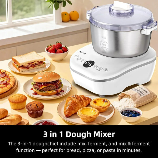 AIZIYO 3 in 1 dough mixer on a kitchen counter surrounded by fresh bread and pastries2