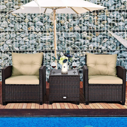 3 Pieces Patio Furniture Set, PE Rattan Wicker 3 Pcs Outdoor Sofa Set W/Washable Cushion and Tempered Glass Tabletop, Conversation Furniture for Garden Poolside Balcony (Beige)2