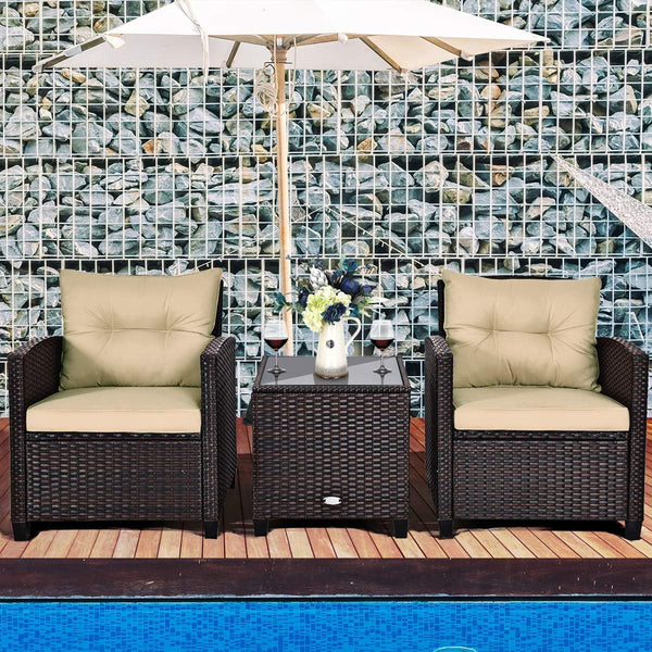 3 Pieces Patio Furniture Set, PE Rattan Wicker 3 Pcs Outdoor Sofa Set W/Washable Cushion and Tempered Glass Tabletop, Conversation Furniture for Garden Poolside Balcony (Beige)2