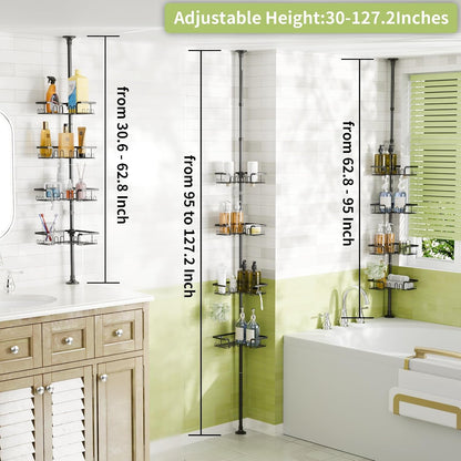 Corner Shower Caddy Tension Pole Adjustable 30.6-127.2 Inch, 4-Tier Rustproof Shower Organizer Shelf Rack, No-Drill Installation Bathroom Storage Shower Caddy Corner Pole, Black2