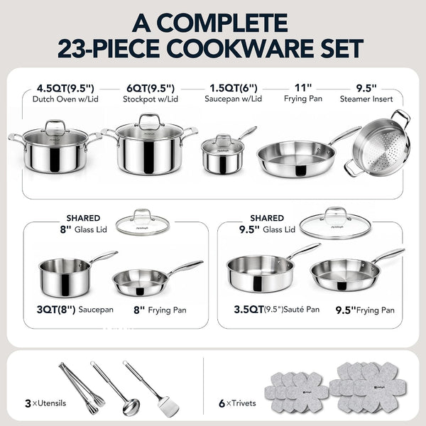 5-Ply Stainless Steel Cookware Set, 23-Piece Pots and Pans Set | Fully Clad Construction, Premium Heavy-Duty Build, Better Browning, No Coating, Oven Safe, Induction Ready9