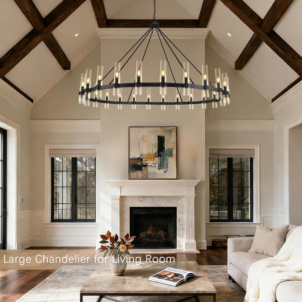 70" 24-Light Black Wagon Wheel Chandelier for High Ceilings Living Room10