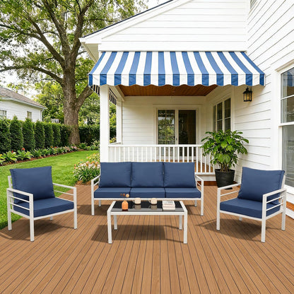 Patio Furniture Set Aluminum 4 Pieces White Metal Outdoor Furniture Set Glass Coffee Table with No-Slip Cushions and Waterproof Covers, Navy Blue3