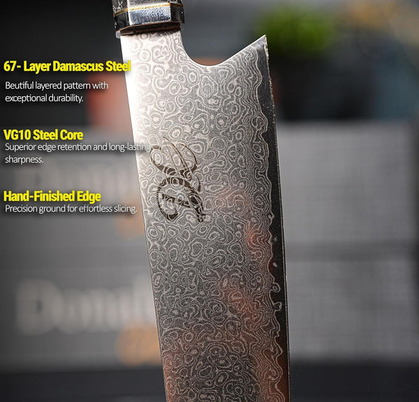 8-Inch Damascus Santoku Knife – VG10 Japanese Steel Core, 67-Layer Damascus Chef Knife, Razor Sharp Kitchen Knife with Ergonomic Resin Handle for Meat, Vegetables & Herbs3