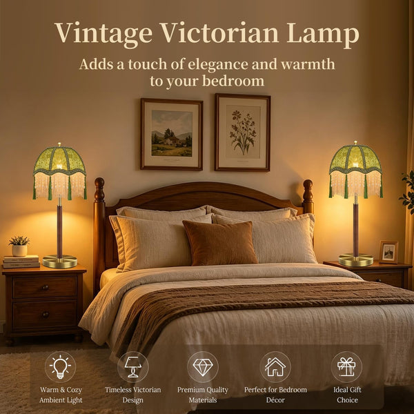 Victorian Gold Table Lamp for Living Room Bedroom Set of 2,Dimmable Bedside Lamps with Vintage Olive Green Velvet Tassel Lampshade,Scallop Bell Fringe Small Lamps for Nightstand Home Decor5