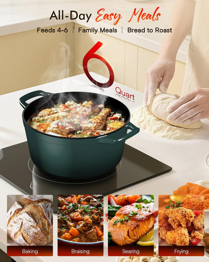 6 Qt Pfas-Free Enamel Cast Iron Dutch Oven Pot with Lid, Pine Forest | 7-Layer Black Enamel; Sourdough Bread, Soups, Chili & Slow Cooking; Rust-Resistant Lid/Rim; All Cooktops; Oven Safe 500°F8