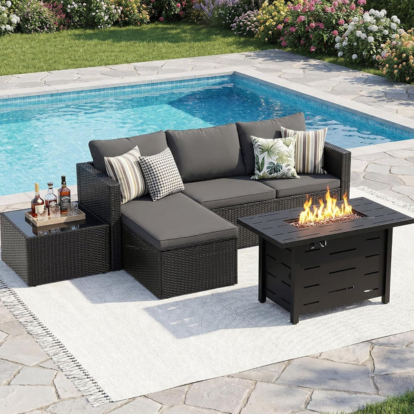 4-Piece Patio Furniture Set with 43" Propane Fire Pit Table, L-Shaped PE Rattan Sectional Sofa, Washable Cushions, Outdoor Conversation Set,Black/Grey1