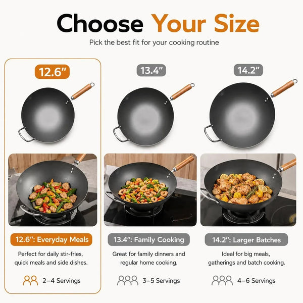 12.6 Inch Carbon Steel Wok with Lid, Flat Bottom Wok Pan for Induction, Electric and Gas Stoves, Uncoated Chinese Stir Fry Pan with Wooden Handle4