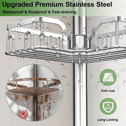 Corner Shower Caddy Tension Pole 4 Tier Adjustable Stainless Steel Shower Shelf for inside Shower Bathtub Shampoo,Standing Bathroom Organizer Shelves with 26 to 120 Inch Height6