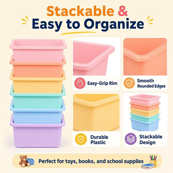 6 Pack Plastic Cubby Bins for Classroom Stackable Book Bins Plastic Classroom Cubby Organization Storage Containers Toy Storage Cubbies for Library School Office Home Nursery Playroom (Pastel)3