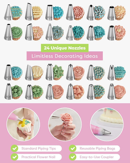 32 Piping Bags and Tips Set Frosting Piping Kit for Beginners & Pros | Storage Case, Baking Supplies Tools, 24 Icing Tips, 2 Reusable Piping Bags, 3 Scrapers, for Cupcake Cookie Cake Decorating2