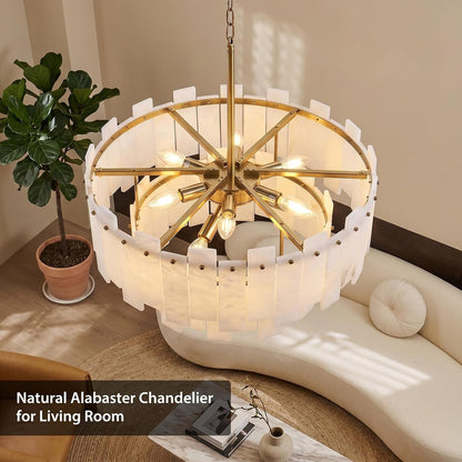 Alabaster Chandelier, 24" Spanish Alabaster round Chandeliers 2-Tier,Modern Adjustable Gold Marble Pendant Chandeliers for Dining Room, Living Room, Bedroom,Foyer,Bathroom, Included E12 Bulb3