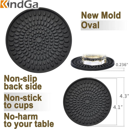 Silicone Coasters for Drinks Absorbent Rubber Coaster Set of 8 Black | Large Drink Coasters, 4.3 in Oval Deep Bottle Cup Coaster, Outdoor Coasters for Patio Table, Desk, Bar, Non Slip Coasters2