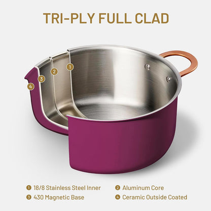 8QT Full Clad Tri Ply Stainless Steel Stock Pot with Lid, Kitchen Stockpot Soup Pot, Outer Ceramic Layer, Even Heating, All Stoves Compatible, Oven & Dishwasher Safe, Stay Cool Handle, Purple3