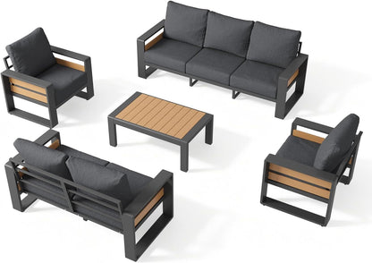 Aluminum Patio Furniture Set, 5 Piece Luxury Outdoor Sectional with 6" Olefin Fabric Cushions, Patio Conversation Sets with Coffee Table and Waterproof Cover for Backyard, Porch Dark Grey9