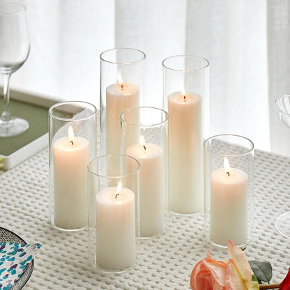 Set of 6 White Pillar Candles with Clear Glass Hurricane Holders- Elegant Cylinder Candle Vases for Weddings, Parties, Centerpieces, Home & Office Decor (White, 6 Set)1