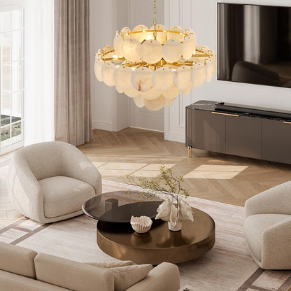 Natural Alabaster round Chandelier, 31.5" Modern Marble Chandelier with 50 Stone Texture Panels, 12-Light Dimmable Spanish Alabaster Chandeliers for Living Room, Dining Room, Hallway2