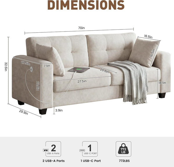 70" Loveseat Sofa with Type-C/2 USB Charger Ports, Chenille Upholstered Couch with Storage Pockets, Spring Cushion, Removable Cover, Modern Love Seat for Living Room, Bedroom, Office, Small Spaces2