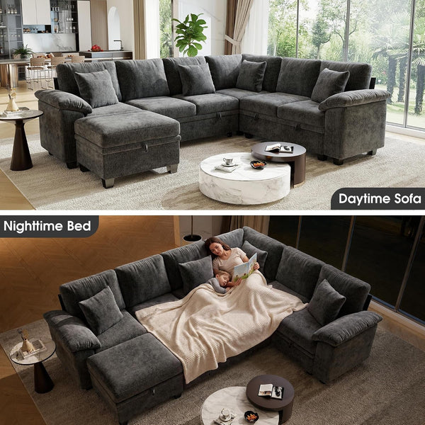107.8" Modular Sectional Sleeper Sofa with Pull Out Bed, U Shaped 7 Seat Couch with 221L Storage, Convertible Cloud Couch Bed with Ottoman, Sectional Couches for Living Room, Apartment (Gray)3
