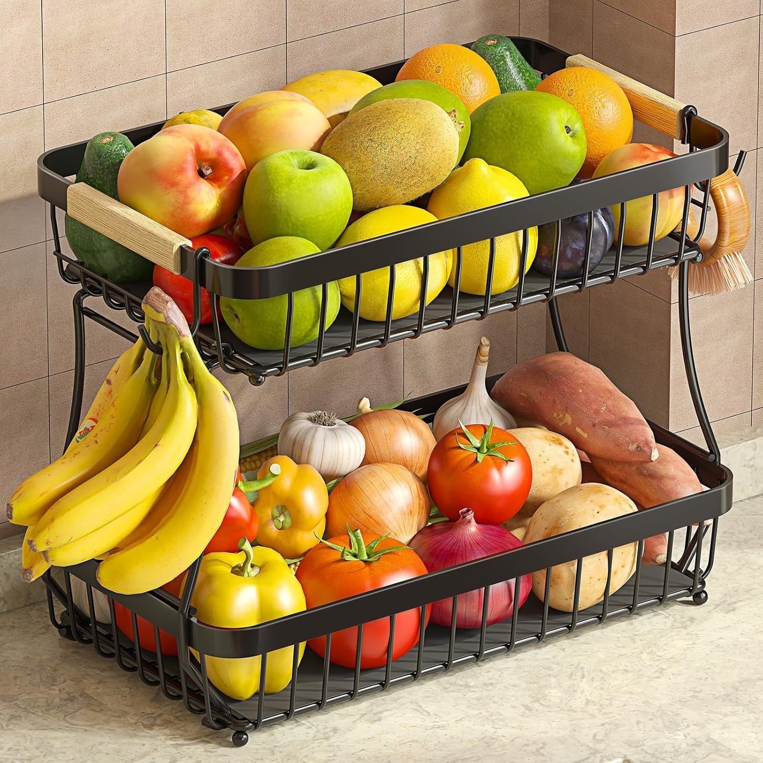 2-tier-fruit-basket-with-banana-hangers-detachable-metal-bowl-wooden-handle-protective-mats-included-versatile-holder-for-bread-snacks-and-veggies-large-2-tier-metal-design