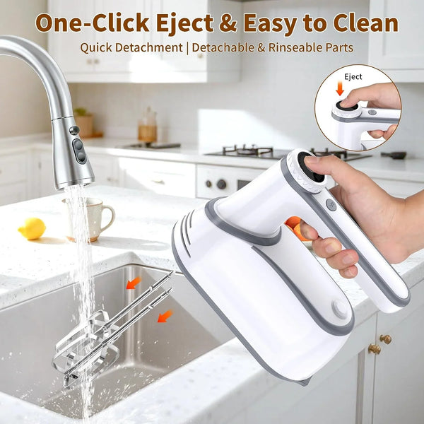 Cordless Electric Hand Mixer, 12-Speed with Storage Case, White | Rechargeable, Eject Button, LED, Self-Stand, 6×304 Stainless Attachment, Overheat Protection, Quiet for Baking Dough Cake Egg6