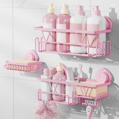 Suction Cup Shower Caddy 3 Pack, Bathroom Storage Shelf, Pink1