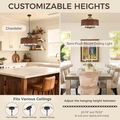 20'' Farmhouse Chandeliers for Dining Room, 6-Light Rustic Chandelier Foyer Lighting Fixtures with Drum Shade, Wood Grain Drum Chandeliers Hanging Light Fixture for Living Room Entryway Hallway4