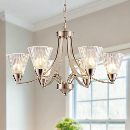 6-Light Brushed Nickel Dining Room Light Fixture，Dimmable Modern Farmhouse Chandelier，Height Adjustable Hanging Light, Clear Glass Shades, Vintage Silver Chandelier for Kitchen Island,Entryway1