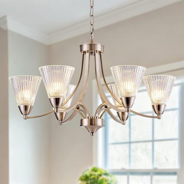 6-Light Brushed Nickel Dining Room Light Fixture，Dimmable Modern Farmhouse Chandelier，Height Adjustable Hanging Light, Clear Glass Shades, Vintage Silver Chandelier for Kitchen Island,Entryway1
