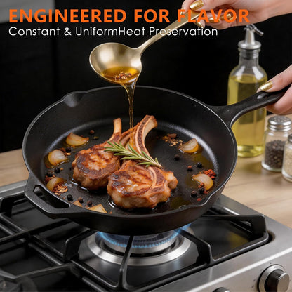 6 Piece Pre-Seasoned Cast Iron Cookware Set – Incl. 5QT Dutch Oven with Lid, 8'' and 10.25'' Cast Iron Skillets, 10.5'' round Griddle, and a Square Grill Pan for Kitchen, Stovetop, & Camping7