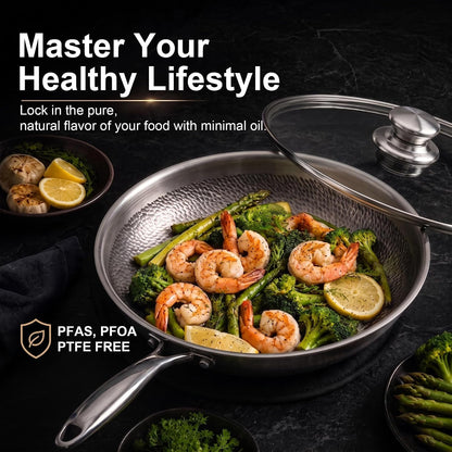 12" Titanium Frying Pan with Lid, Non-Stick Hammered Skillet | 3-Ply Heats Fast & Evenly, PFAS/PFOA/PTFE Free, Scratch-Resistant, for Induction & Gas, Oven-Safe to 500°F, Dishwasher Safe2