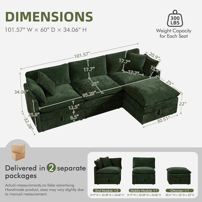 Modular Sectional Sofa with Storage Ottomans,103" L-Shaped Cloud Couch,Comfy Modern Couches with Pillows & Upholstered Deep Seat Cushion for Apartment Living Room Bedroom（Green）3