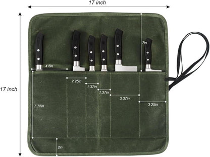 Knife Roll Bag, Chef’S Knife Roll Bag, Heavy Duty Chef Knife Roll Bag with 6 Slots, Waxed Canvas Knife Bag Roll, Knife Pouch Holder for Home, Kitchen, Grill (Green)3