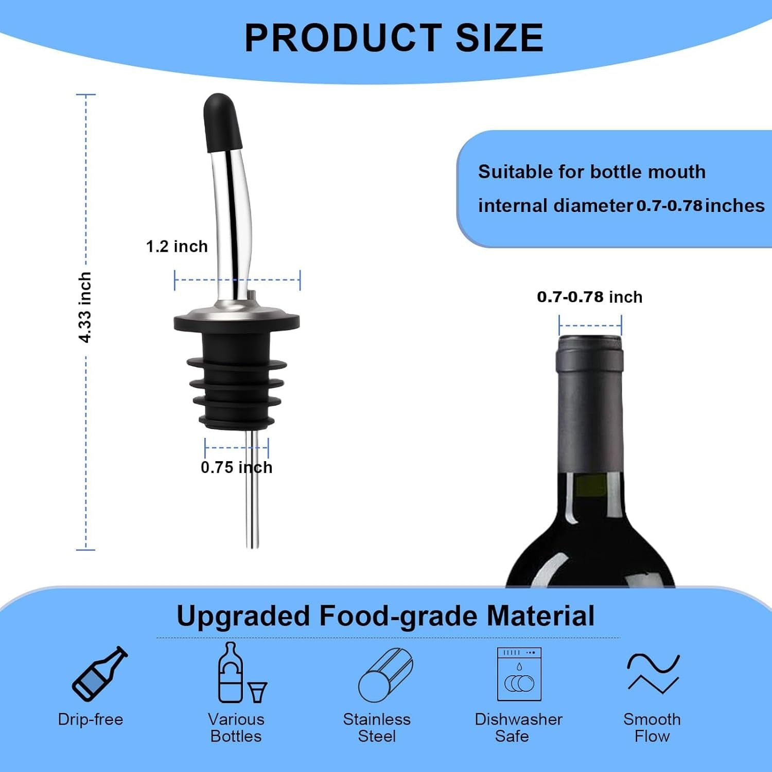 2pcs-stainless-steel-pourers-speed-liquor-bottle-pourer-olive-oil-and-vinegar-tapered-stopper-spout-suitable-for-about-3-4-bottle-mouth-olive-oil-spout-with-sealed-dust-caps