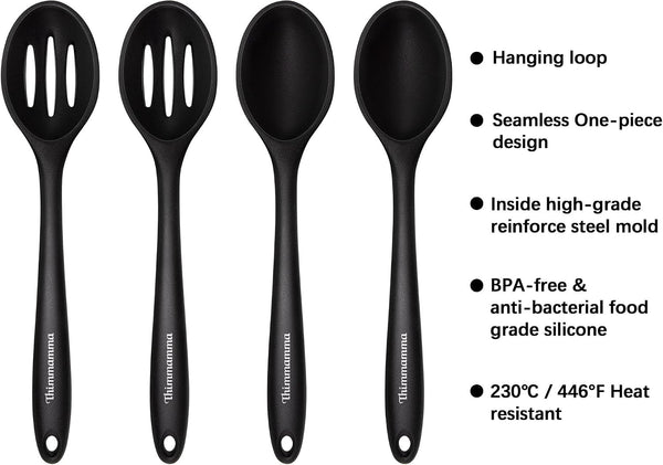 Silicone Cooking Spoon, Nonstick Kitchen Spoons for Cooking, Slotted and Solid Serving Spoon Heat Resistant, Silicone Mixing Spoons Basting for Nonstick Cookware 4 Pack2