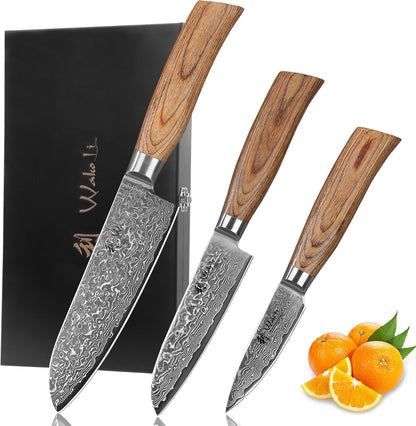 EDIB Pro Kitchen Knife Set, 3-Piece VG10 Damascus, Pakkawood Handles1