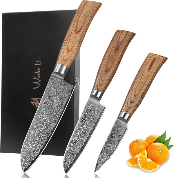 EDIB Pro Kitchen Knife Set, 3-Piece VG10 Damascus, Pakkawood Handles1