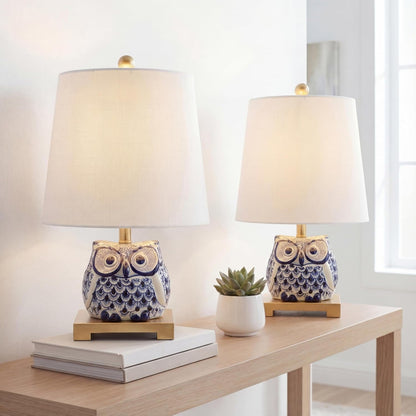 Justina Owl Mini Table Lamp 16" Ceramic, Blue/White, Set of 22