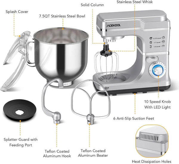 7 Quart Stand Mixer, Stable Design, 660W Tilt-Head Stand Mixer with 10-Speed Stepless Control for Bread, Pizza, Cake and Cookie Dough, Large Stainless Steel Bowl, Silver5