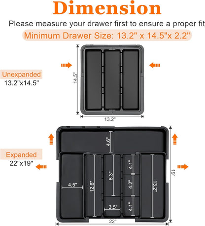 Large Utensil Drawer Organizer Expandable Silverware Organizer for Kitchen Drawer Adjustable Cooking Utensil Holder Cutlery Flatware Tray Spatula Tools Gadgets Storage Dividers Plastic Black2