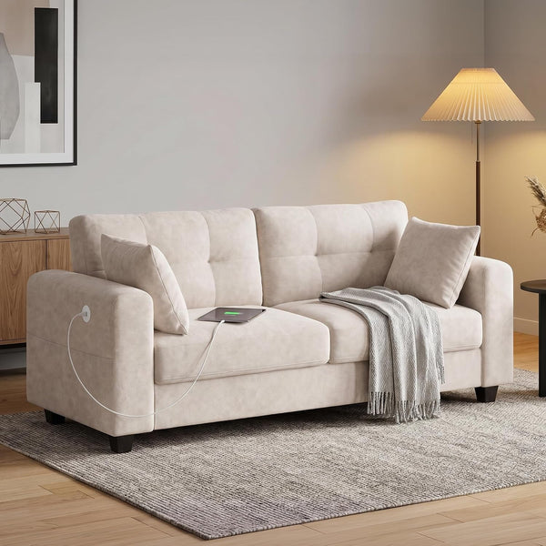 70" Loveseat Sofa with Type-C/2 USB Charger Ports, Chenille Upholstered Couch with Storage Pockets, Spring Cushion, Removable Cover, Modern Love Seat for Living Room, Bedroom, Office, Small Spaces3