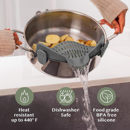 Snap N' Strain - Silicone Pasta Strainer Clip-On for Pots and Pans - Heat Resistant Colander for Vegetables and Noodles - Kitchen Gadgets for Cooking - Space-Saving Design - Gray6